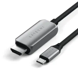 Satechi USB-C to HDMI 2.1 8K 2m cable connecting a laptop to a monitor for high-resolution display.