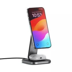 Satechi Qi2 wireless charging stand in space gray for iPhone and AirPods, foldable and travel-friendly design