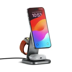 Satechi 3-in-1 Foldable Qi2 Charging Stand for iPhone, AirPods, and Apple Watch on a desk.