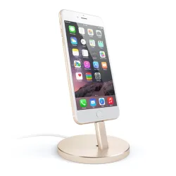 Gold Satechi Aluminum Lightning Dock for iPhone and Apple devices with secure metal grip and elegant charging stand design.