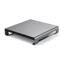 Space Grey Satechi Aluminum iMac Stand Hub med USB-C- och USB 3.0-portar, kortläsare och hörlursuttag.