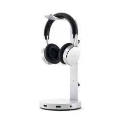 Sleek Satechi Aluminum Headphone Stand with USB Hub and 3.5mm AUX port in silver for desk organization.