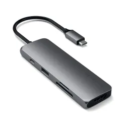 Satechi USB-C Multiport Pro Adapter - Space Gray, jossa on useita portteja, USB-C PD-lataus, 4K HDMI, SD/microSD-paikat, kompakti muotoilu.