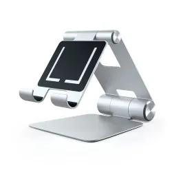 Satechi R1 Silver Adjustable Stand til mobile enheder, sammenklappelig med 270-graders hængsel for optimal visning, kompatibel med tablets og telefoner.