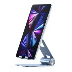 Blue Satechi R1 adjustable aluminium stand for mobile and tablet devices, foldable for portability.