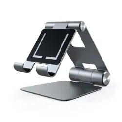 Satechi R1 Space Gray Aluminum Mobile Stand, säädettävä optimaaliseen katseluun, yhteensopiva iPadien ja muiden laitteiden kanssa.