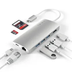 Satechi USB-C Multi-Port Adapter 4K Gigabit Ethernet V2 hõbedases värvitoonis koos HDMI, USB-A, SD-kaardipesade, Etherneti ja laia ühilduvusega