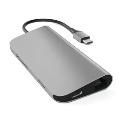 Satechi USB-C-moniporttisovitin 4K HDMI:llä, Gigabit Ethernetillä ja SD-paikoilla tyylikkäässä Space Grey -värissä liitäntöjen laajentamiseen.