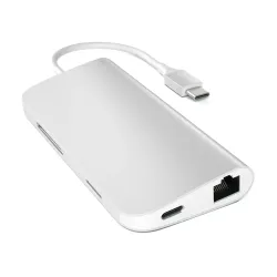Satechi USB-C Multi-Port Adapter with 4K HDMI, Gigabit Ethernet, and card slots in sleek silver finish for enhanced connectivity.