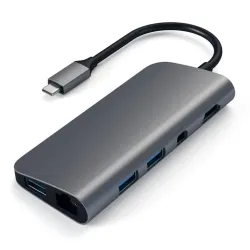 Satechi Space Grey USB-C Multimedia Adapter with 4K HDMI, Mini DP, Gigabit Ethernet, and multiple ports for modern devices.