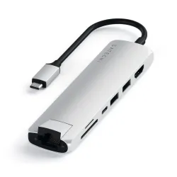 Satechi Slim USB-C MultiPort Adapter med Ethernet, HDMI, USB 3.0-portar, kortläsare, portabel och elegant design i silver