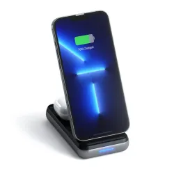 Satechi Duo Wireless Charger Stand with space grey aluminium finish for charging multiple devices.