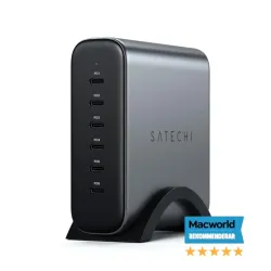 Bilde av Satechi 200 W USB-C GaN-lader med 6 porter for effektiv lading av flere enheter.