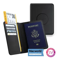 Satechi Vegan-Leather passport cover with Find My tracker, black, eco-friendly, RFID blocking, stylish design, organization features