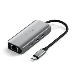 Satechi 4-in-1 USB-C Hub with 2.5 Gigabit Ethernet in Space Gray, featuring USB-C PD, 2 USB-A ports, and high-speed Ethernet.