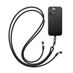 Satechi OntheGo Crossbody Lanyard Cable i svart kombinerar snygg design med hållbar laddning av flera enheter för bekvämlighet när du är på språng