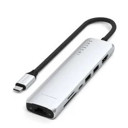 Satechi 7-in-1 USB-C Slim Multiport Adapter with Ethernet in Silver, featuring 4K HDMI, USB-A, SD/Micro SD, and 100W PD charging